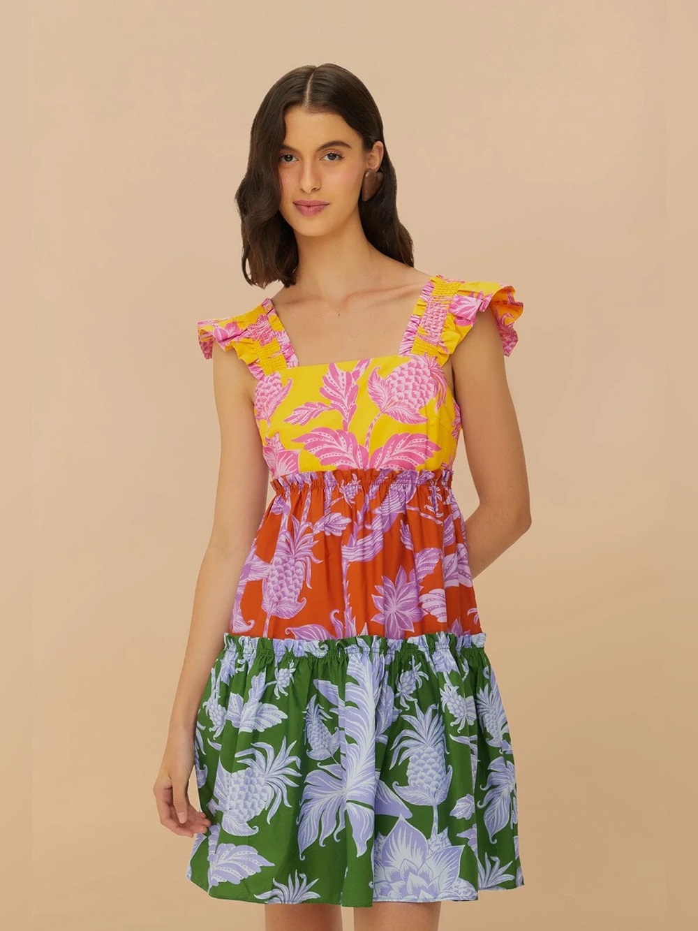 NWT FARM Rio Tropical Swing Mixed Print Tiered Cotton L